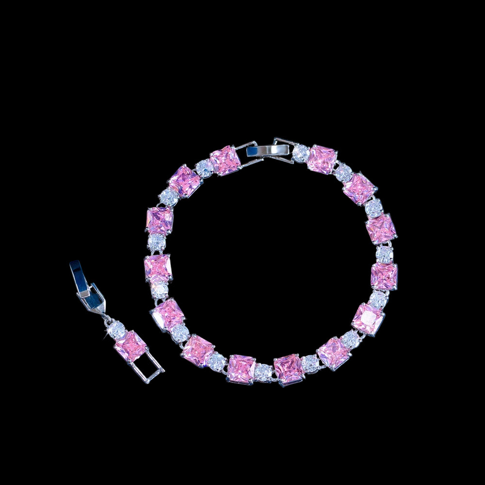 Gorgeous Pink Cubic Zirconia Square Tennis Chain Bracelet for Women Silver Plated Luxury Wedding Party Jewelry Accessories